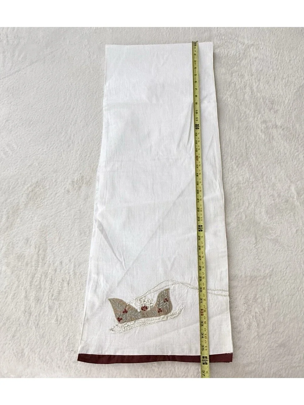 Christmas Table Runner 15x72 White Embroidered Sleigh Burgundy Trim Holiday